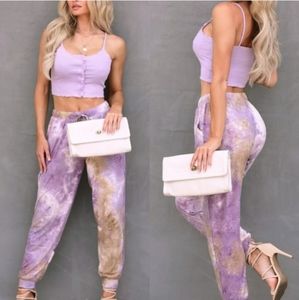 NWT Tie Dye Purple & Coffee Elastic Waist Drawstring Comfy Joggers